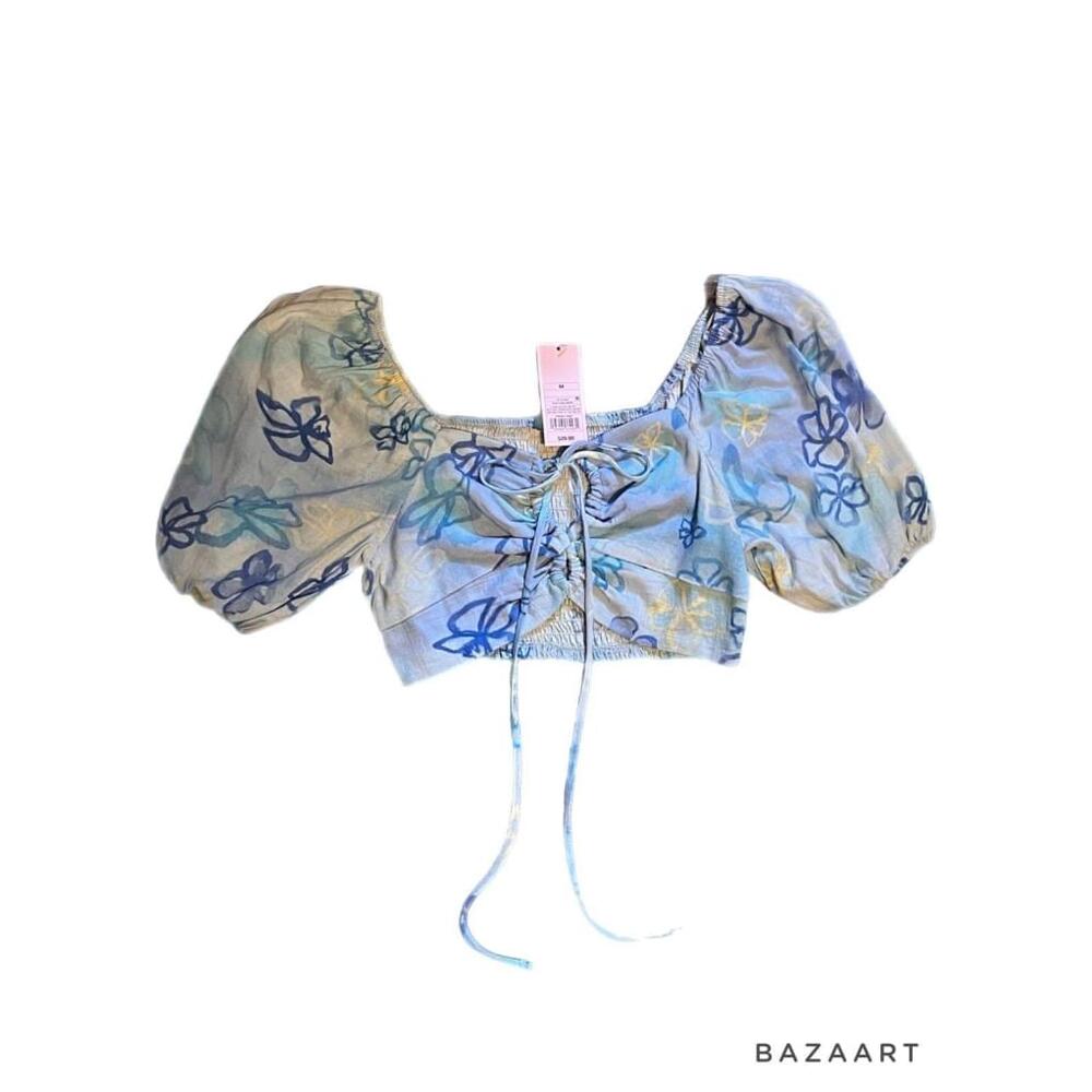 NWT Wild Fable Blue Puff Sleeve Summer Floral Crop Blouse